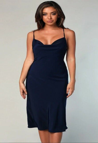 Navy Satin Cowl Neck Midi Dress - Pionie