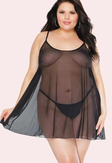 Plus Size Sheer Black Chemise for Her - Pionie