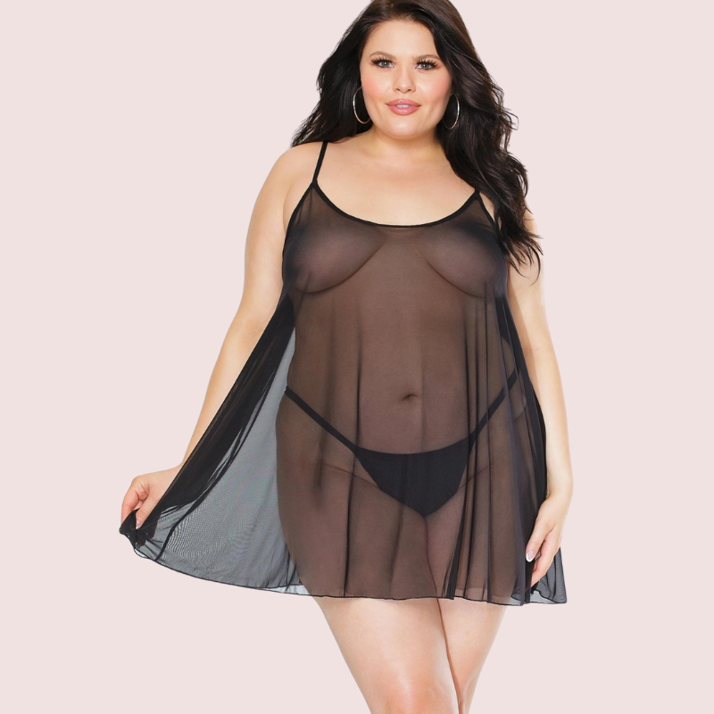 Plus Size Sheer Black Chemise for Her - Pionie