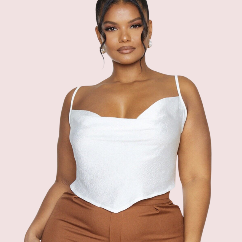 Plus Size White Satin Cropped Cowl Neck Cami Top - Pionie