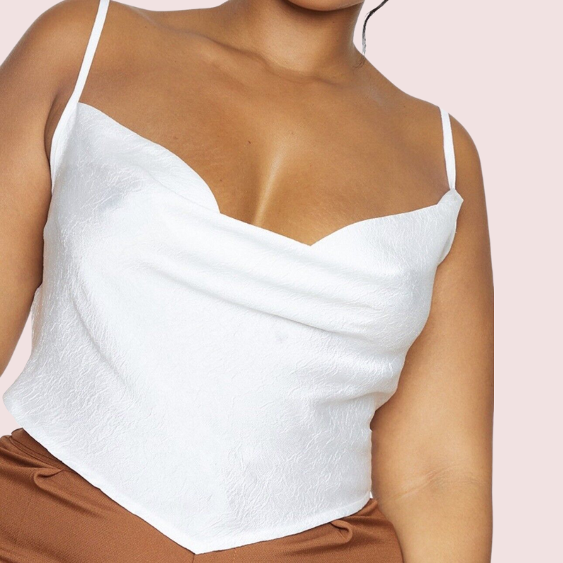 Plus Size White Satin Cropped Cowl Neck Cami Top - Pionie
