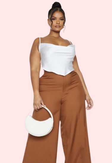 Plus Size White Satin Cropped Cowl Neck Cami Top - Pionie