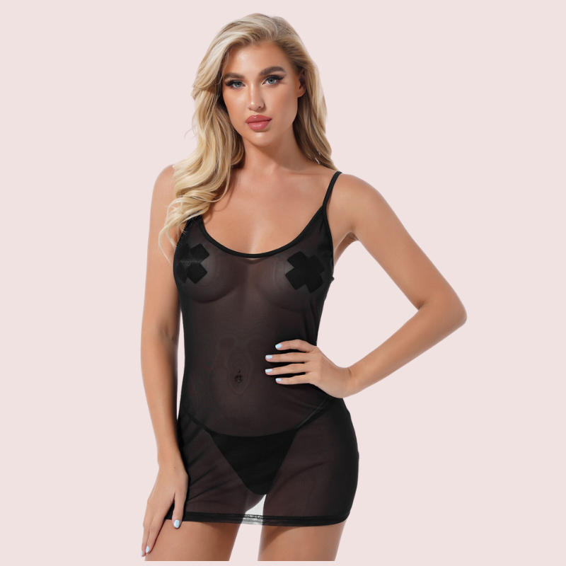 Sexy see through black mesh Chemise - Pionie