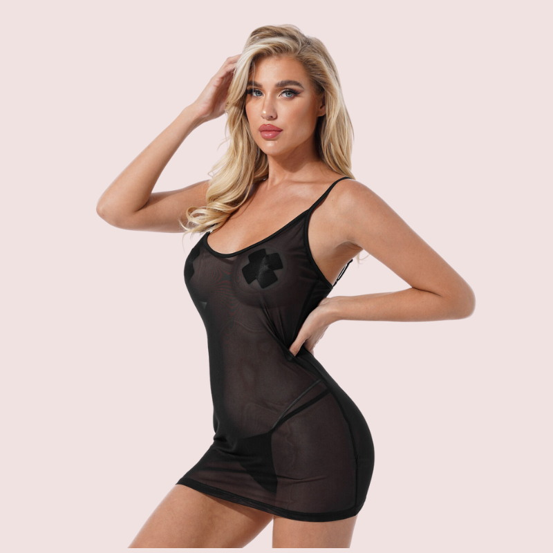 Sexy see through black mesh Chemise - Pionie