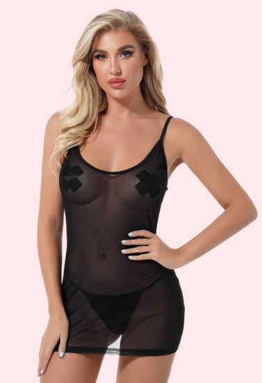 Sexy see through black mesh Chemise - Pionie