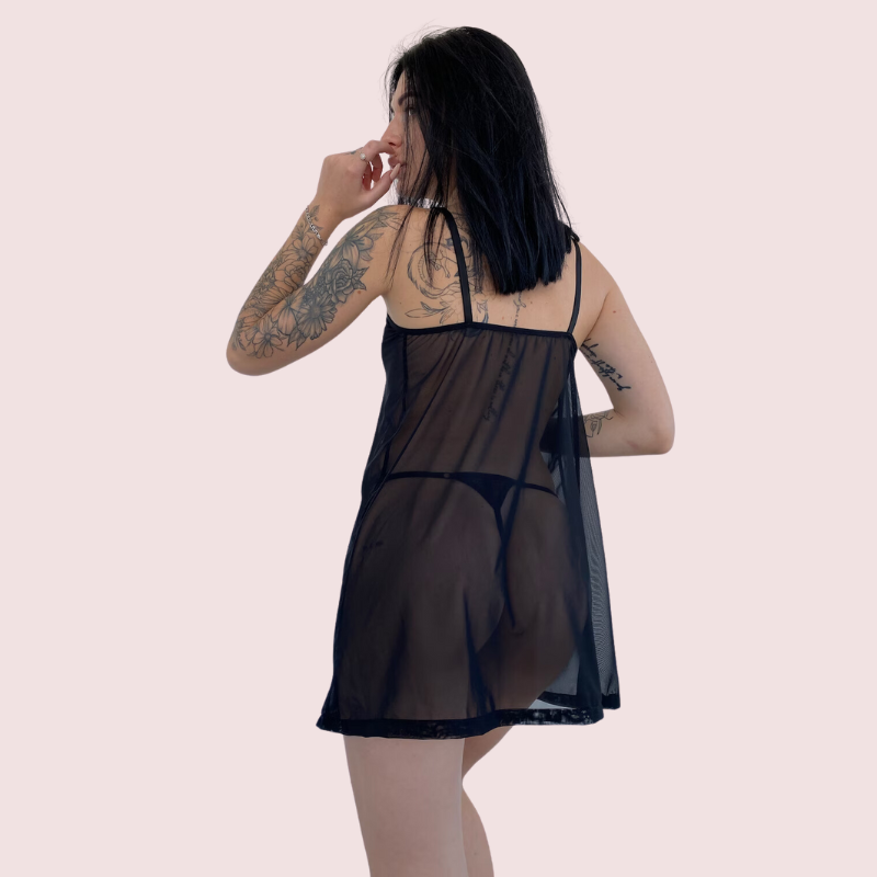 Sheer Black Negligee Night Dress for Plus Size - Pionie