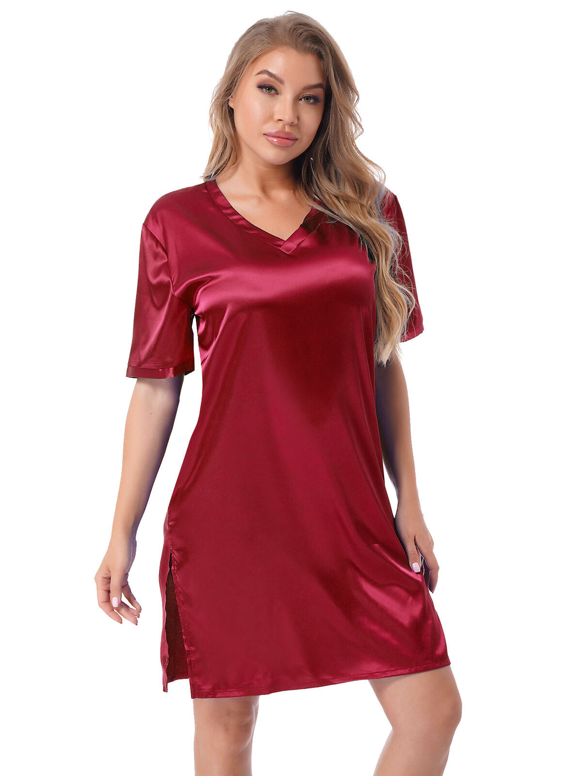 Silk satin sexy Maroon short sleepwear - Pionie
