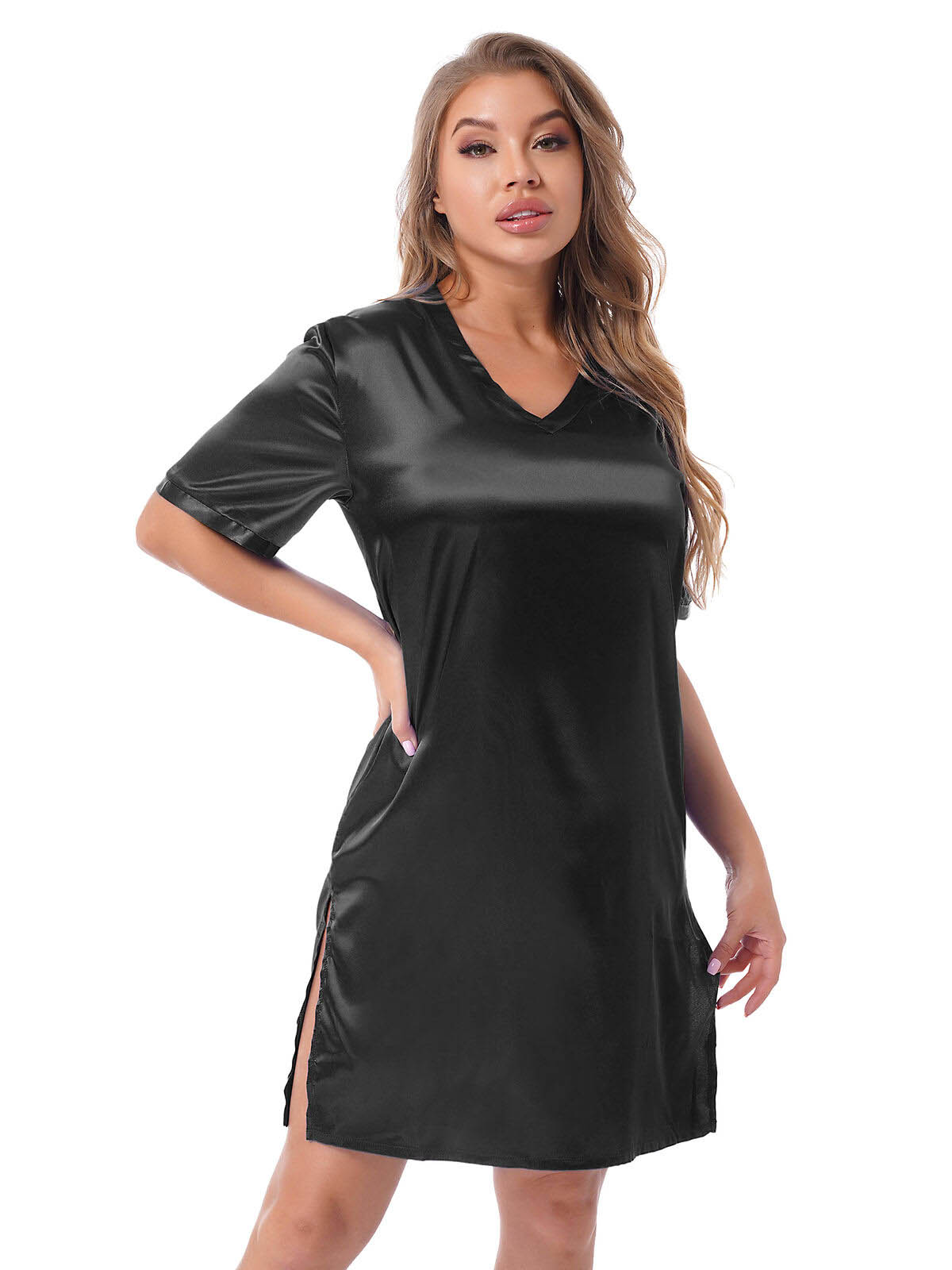 Silk satin sexy black short sleepwear - Pionie