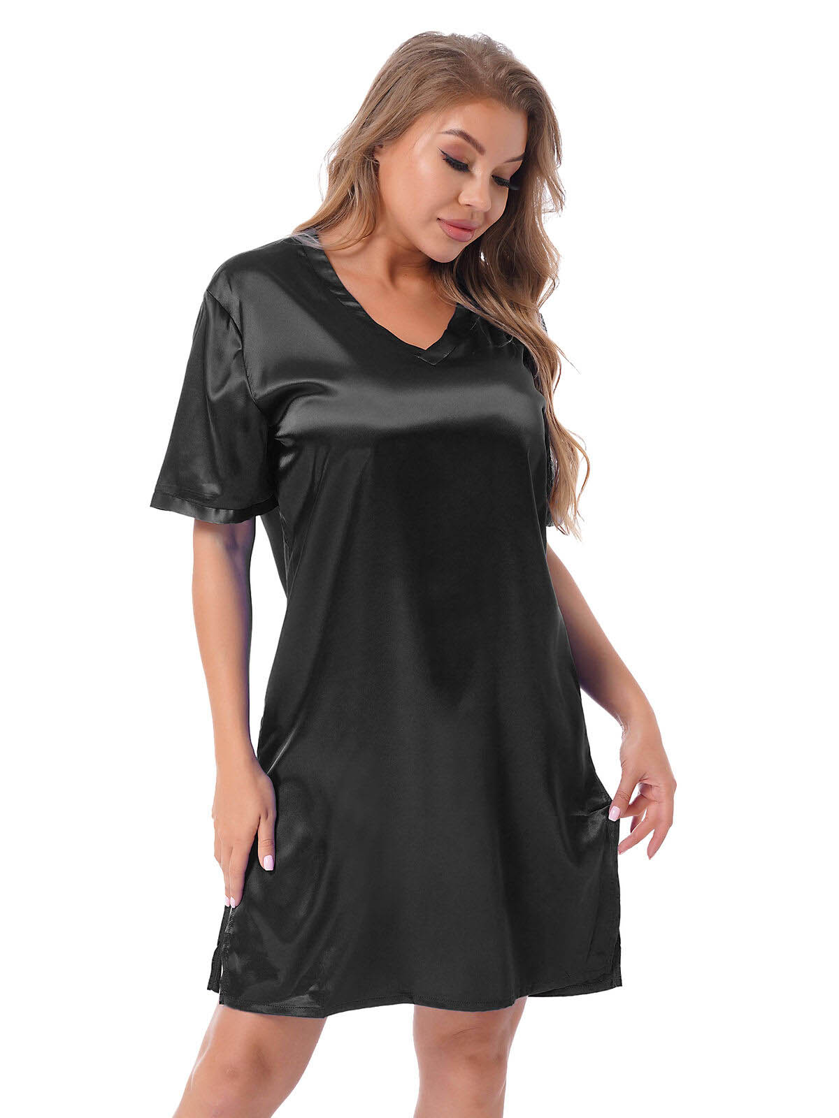 Silk satin sexy black short sleepwear - Pionie