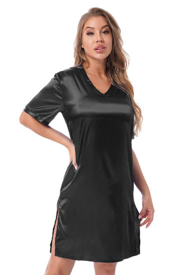Silk satin sexy black short sleepwear - Pionie