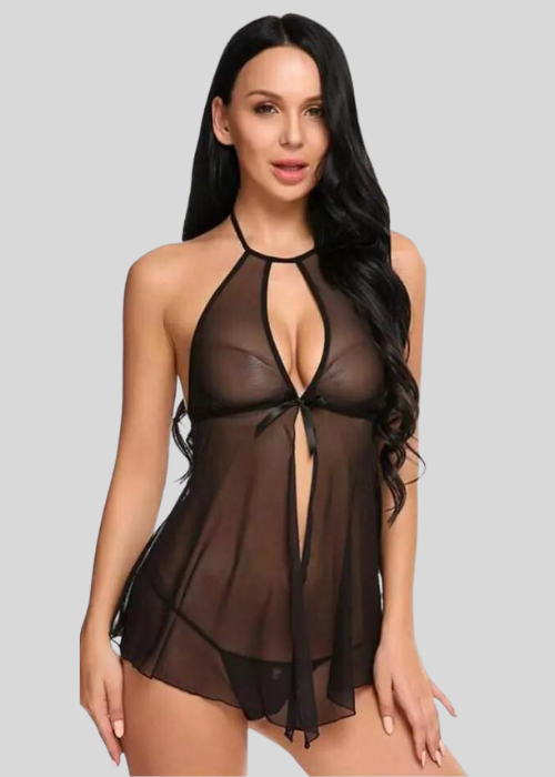 Elegant Lace Black Babydoll Nightwear - Pionie