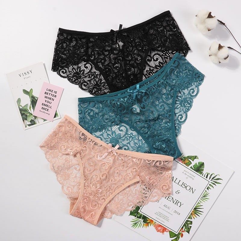 Women's Floral Bow Lace Panties Pack (Of 3) - Pionie