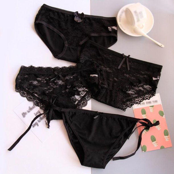 4 Pieces Black Sexy Lace Nylon Panties - Pionie