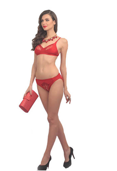 Fancy Hot Red Embroidery Bra Brief Set - Pionie