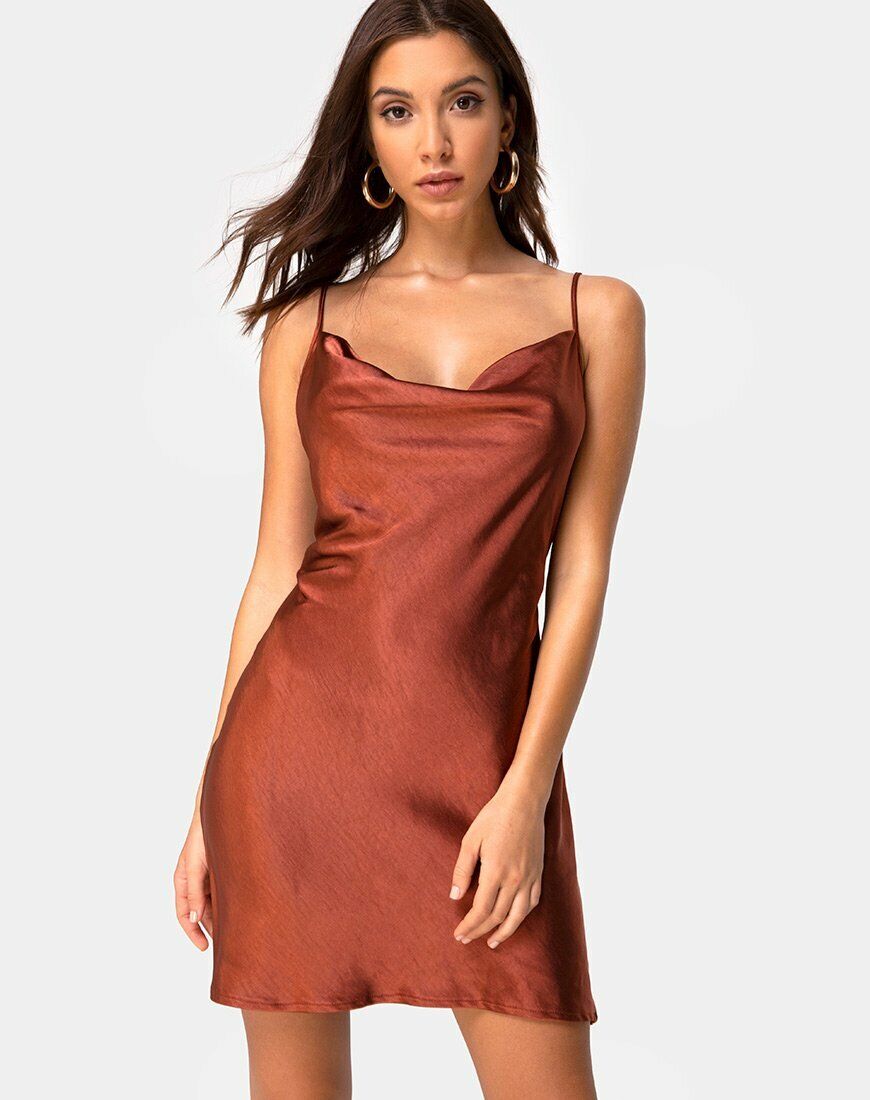 Elegant  Dark Rust Satin Slip Dress - Pionie