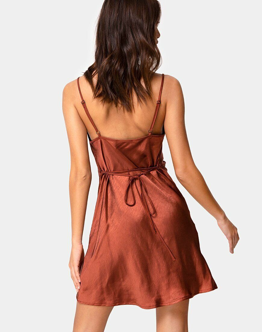 Elegant  Dark Rust Satin Slip Dress - Pionie