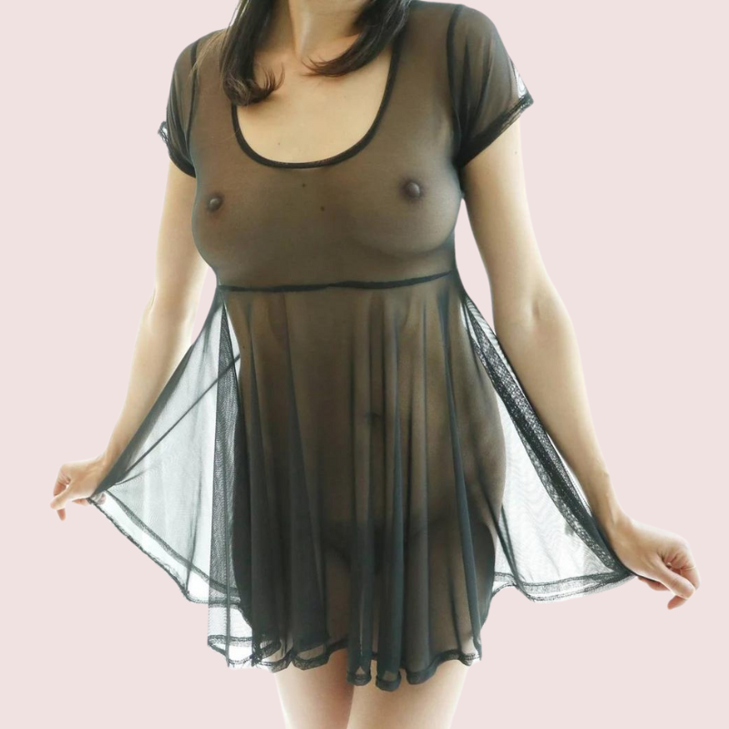 Plus Size Sexy Black Sheer Mesh Skater Dress - Pionie