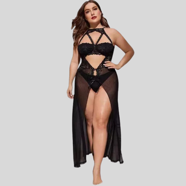 Plus Size Split Long Mesh Babydoll Nightwear - Pionie