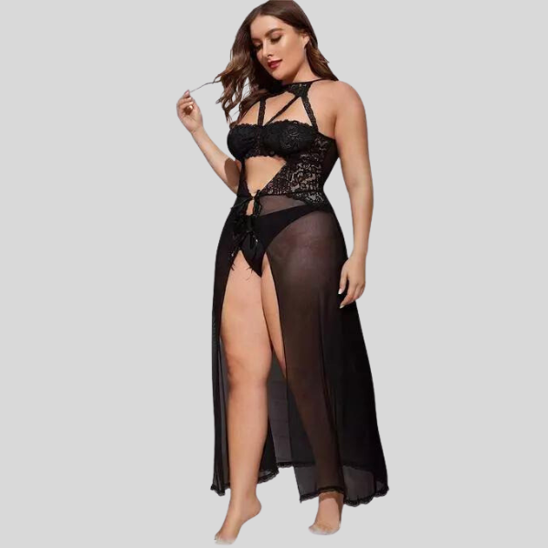 Plus Size Split Long Mesh Babydoll Nightwear - Pionie