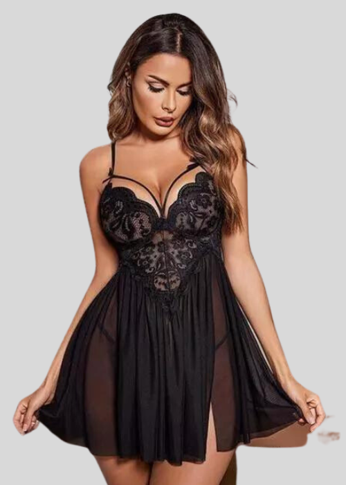 French Daina Black Lace Babydoll Nightwear - Pionie