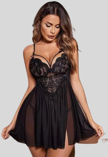 French Daina Black Lace Babydoll Nightwear - Pionie