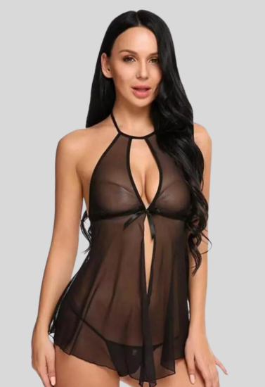 Elegant Lace Black Babydoll Nightwear - Pionie