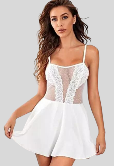 Pure Elegance White Lace Babydoll Nightwear - Pionie