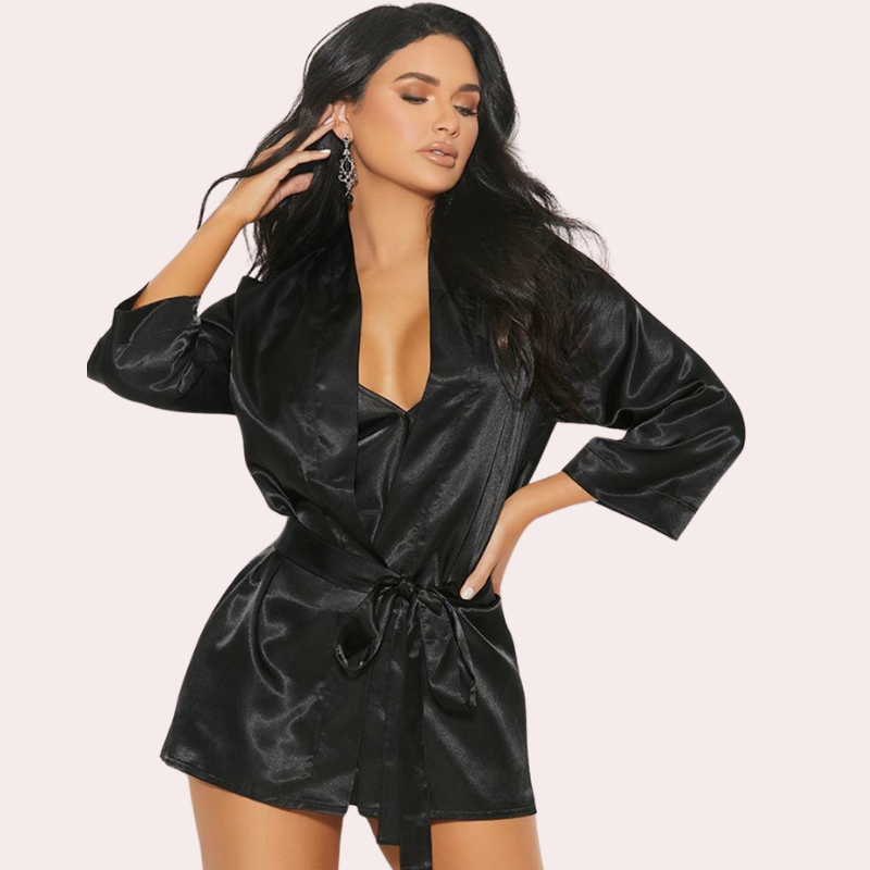 Black Silk Robe for Women's Sensual Nights - Pionie