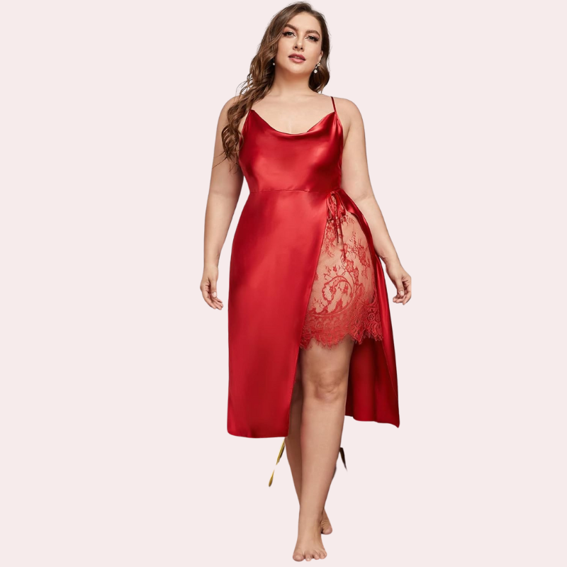 Plus Size Lace Trim Sleep Dress with Cowl Neck - Pionie