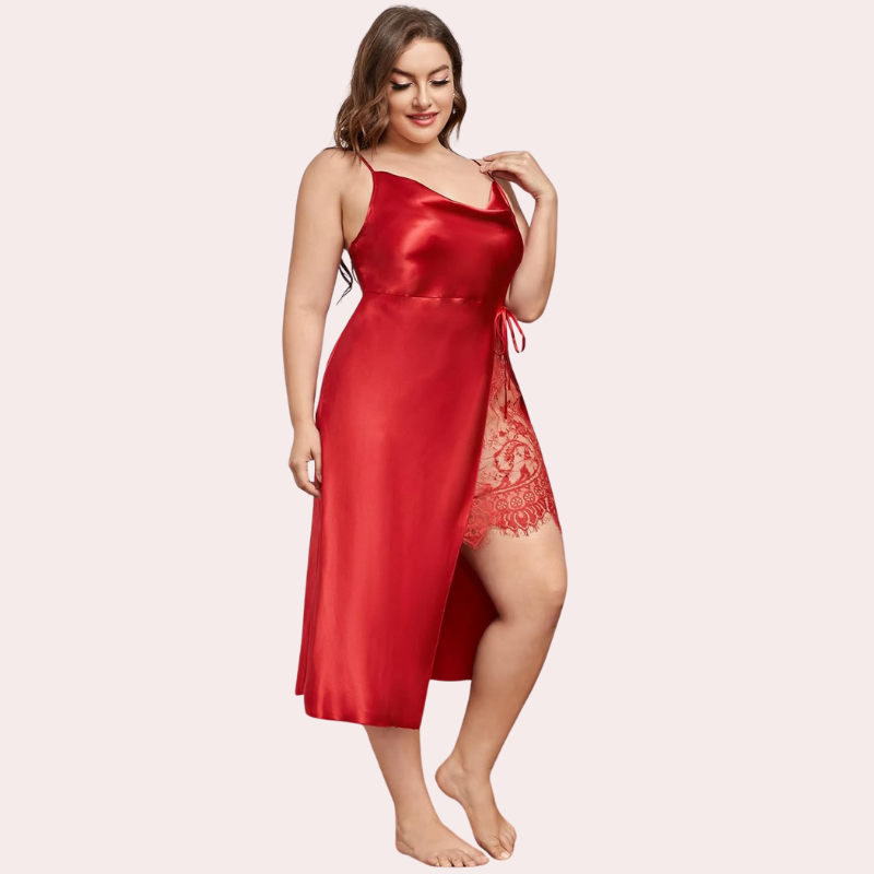 Plus Size Lace Trim Sleep Dress with Cowl Neck - Pionie