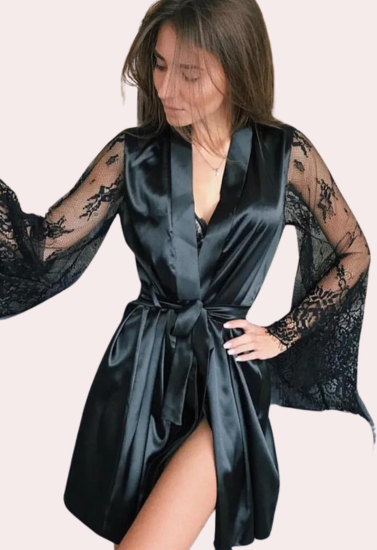 Day-to-Night Black Silk Robe for Women's Seductive Style - Pionie