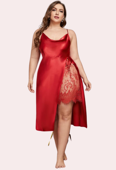 Plus Size Lace Trim Sleep Dress with Cowl Neck - Pionie